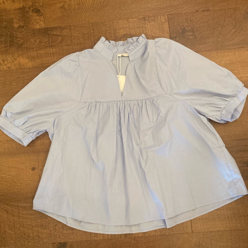 Cicy Bell Puff Sleeve V-Neck Blouse Baby Doll Peplum Sky Blue Women’s L NEW